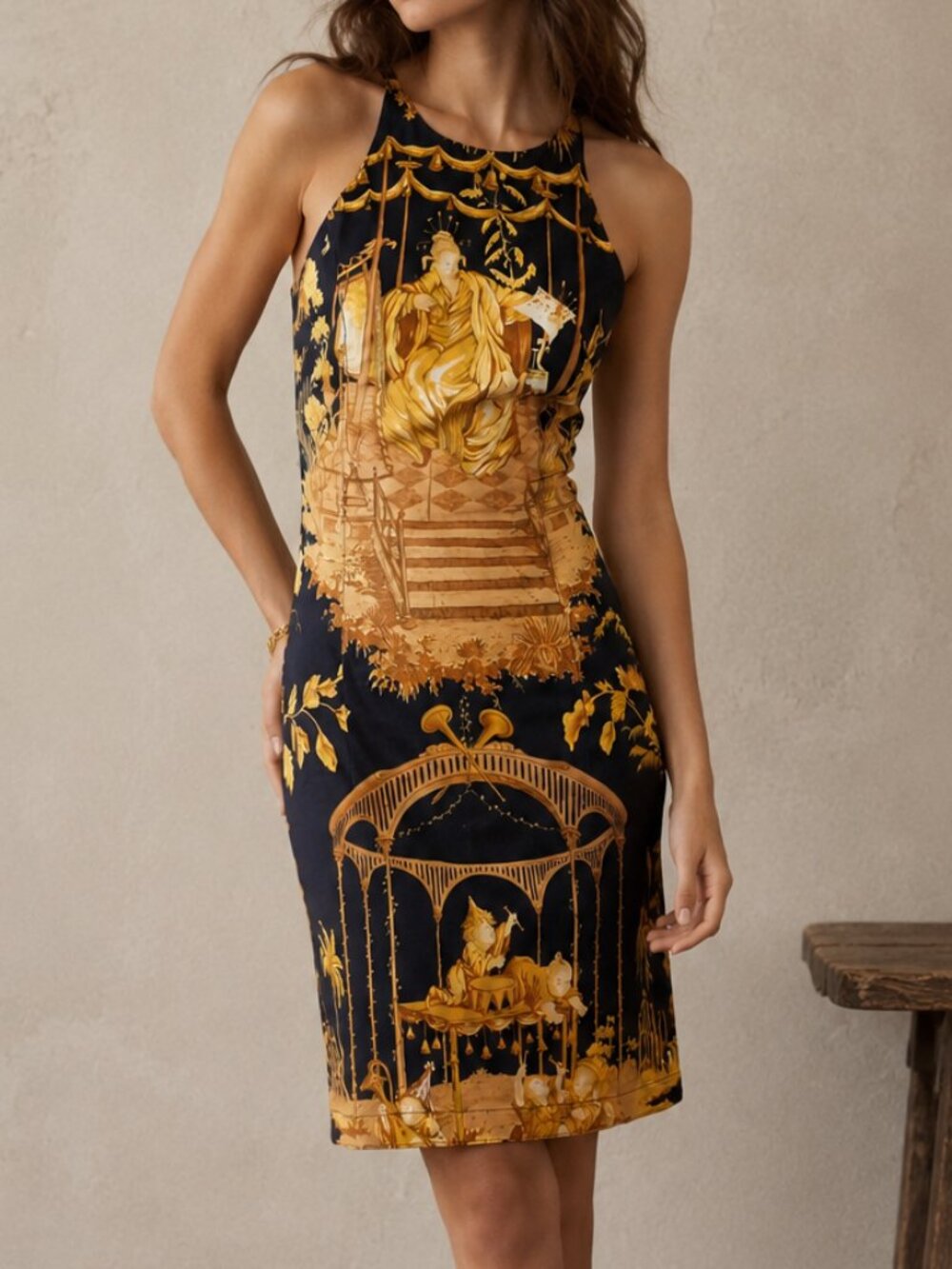 Mark E Toile Graphic Art Print Halter Mini Dress Navy Blue Cotton 2 4 Small XS